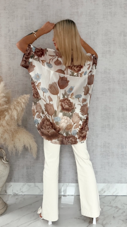 Asymetryczna koszula w brązowe kwiaty ONE SIZE - R897A