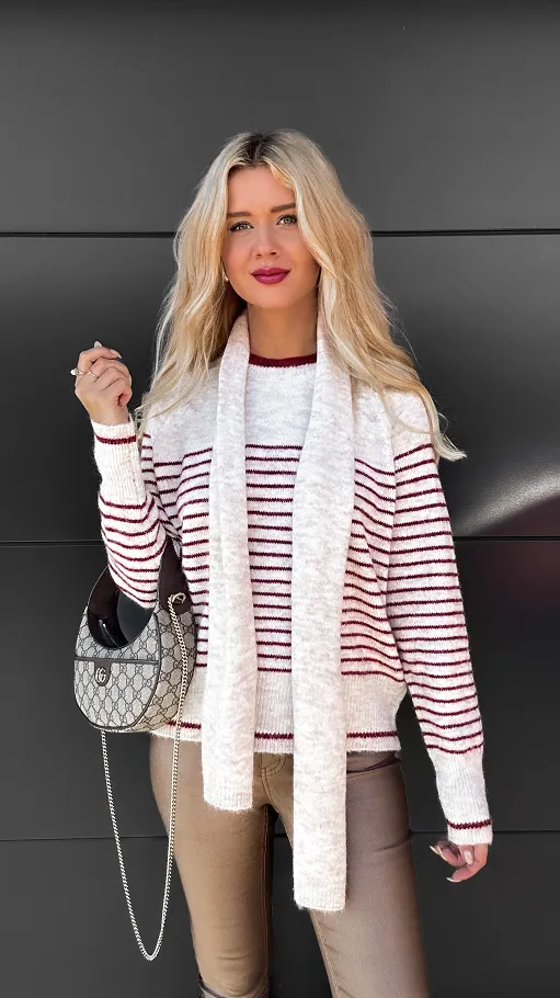 Klasyczny sweter w bordowe paski z szalikiem ONE SIZE - R096