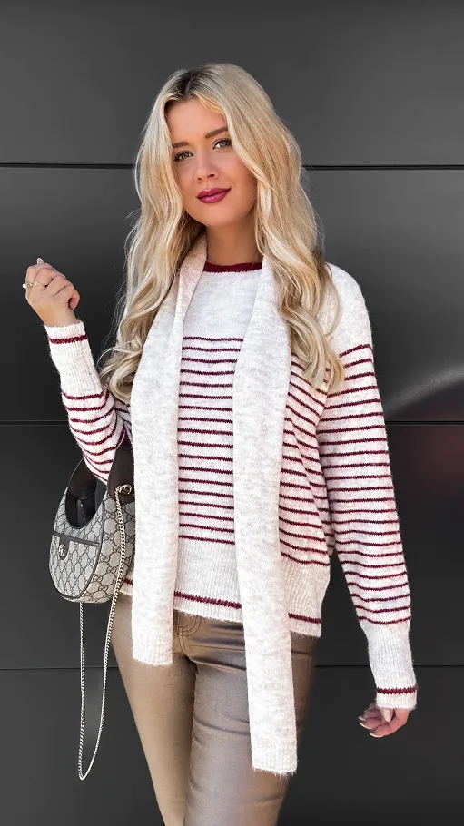 Klasyczny sweter w bordowe paski z szalikiem ONE SIZE - R096