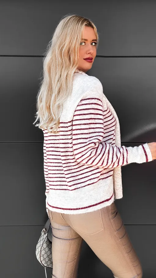 Klasyczny sweter w bordowe paski z szalikiem ONE SIZE - R096