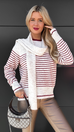 Klasyczny sweter w bordowe paski z szalikiem ONE SIZE - R096