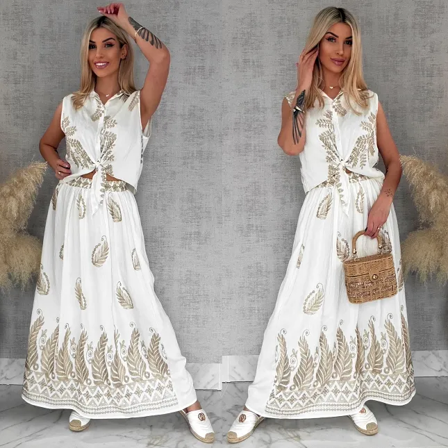 Idealny biały komplet w złote hafty bluzka + spódnica ONE SIZE - R927