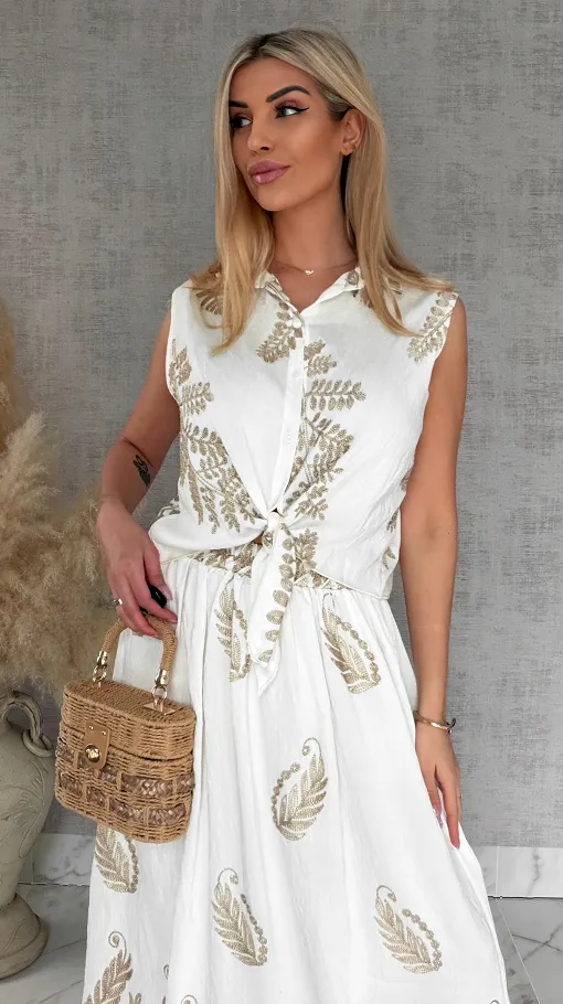 Idealny biały komplet w złote hafty bluzka + spódnica ONE SIZE - R927