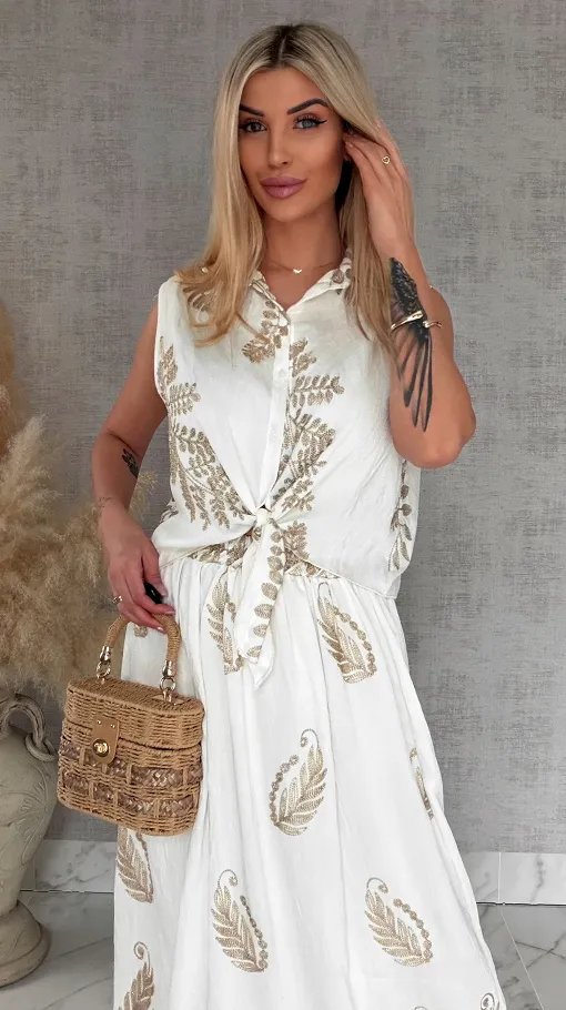 Idealny biały komplet w złote hafty bluzka + spódnica ONE SIZE - R927