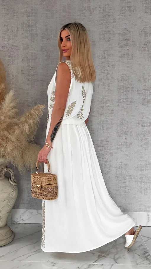 Idealny biały komplet w złote hafty bluzka + spódnica ONE SIZE - R927