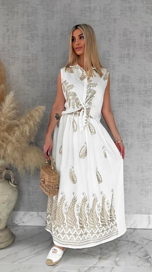 Idealny biały komplet w złote hafty bluzka + spódnica ONE SIZE - R927