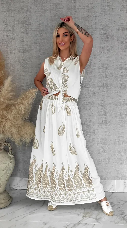 Idealny biały komplet w złote hafty bluzka + spódnica ONE SIZE - R927