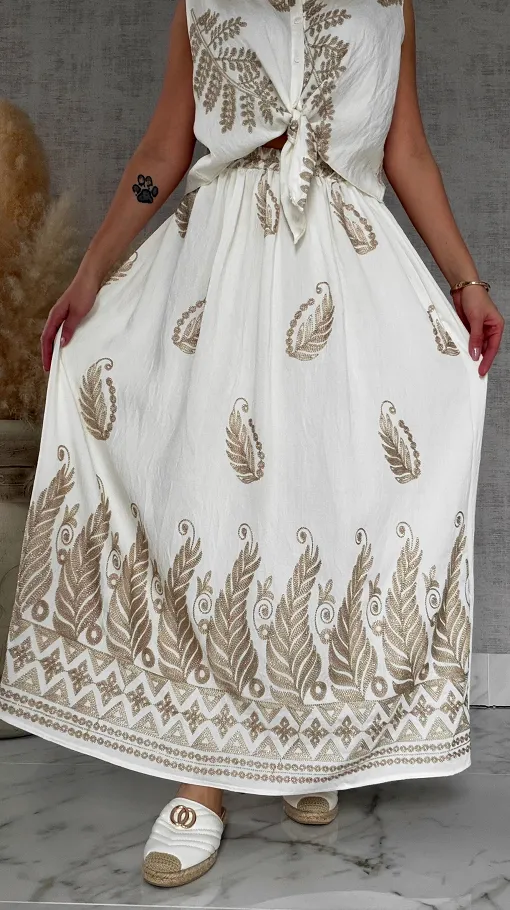 Idealny biały komplet w złote hafty bluzka + spódnica ONE SIZE - R927