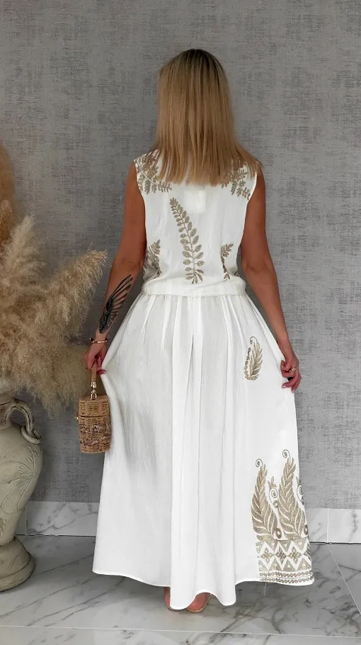 Idealny biały komplet w złote hafty bluzka + spódnica ONE SIZE - R927