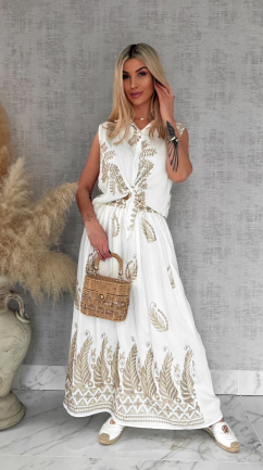 Idealny biały komplet w złote hafty bluzka + spódnica ONE SIZE - R927