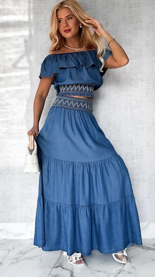 Miękki jeansowy komplet bluzka hiszpanka + spódnica ONE SIZE - P606