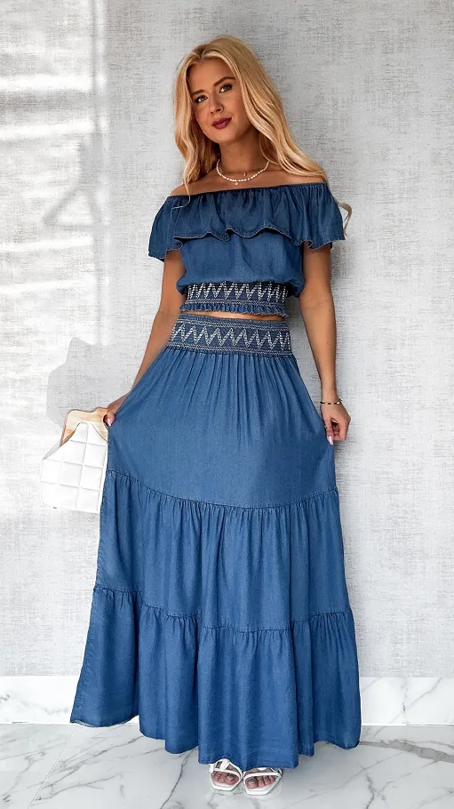 Miękki jeansowy komplet bluzka hiszpanka + spódnica ONE SIZE - P606