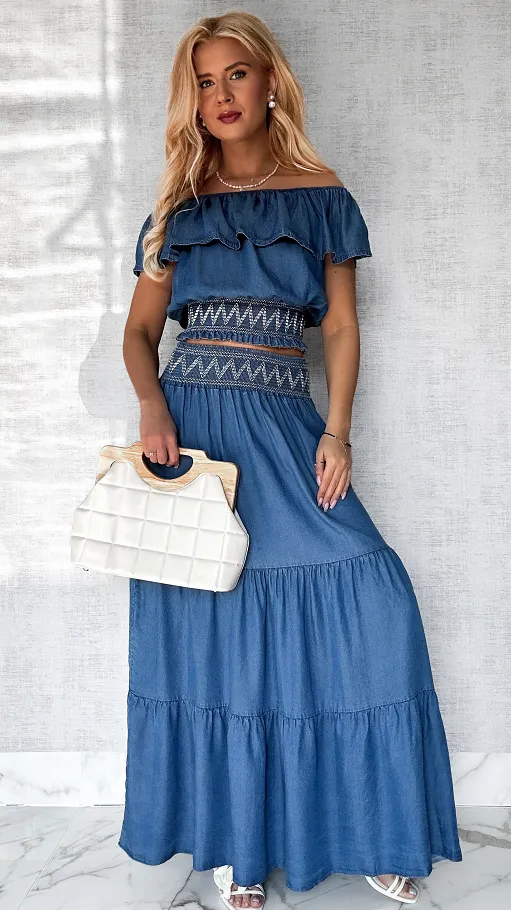 Miękki jeansowy komplet bluzka hiszpanka + spódnica ONE SIZE - P606