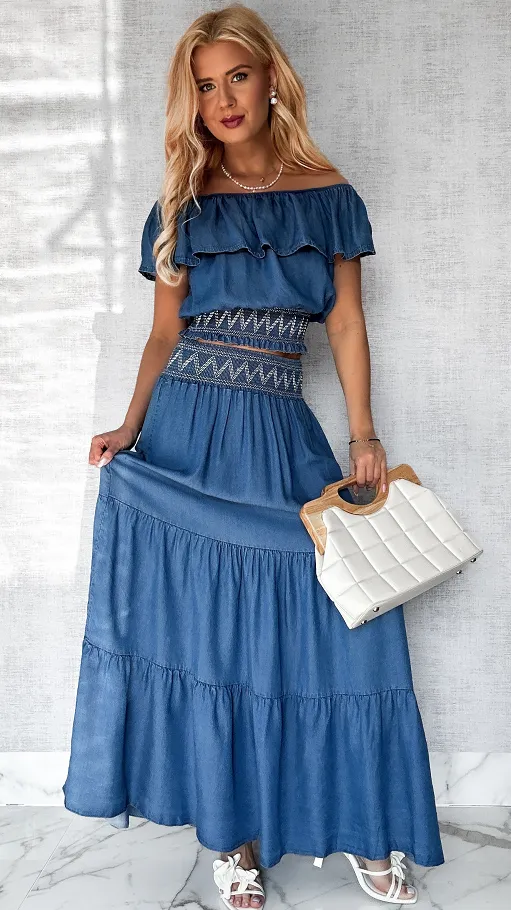Miękki jeansowy komplet bluzka hiszpanka + spódnica ONE SIZE - P606