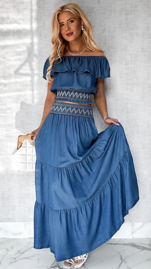 Miękki jeansowy komplet bluzka hiszpanka + spódnica ONE SIZE - P606