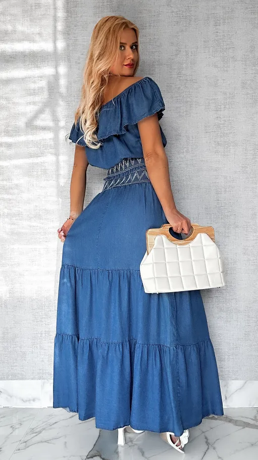 Miękki jeansowy komplet bluzka hiszpanka + spódnica ONE SIZE - P606