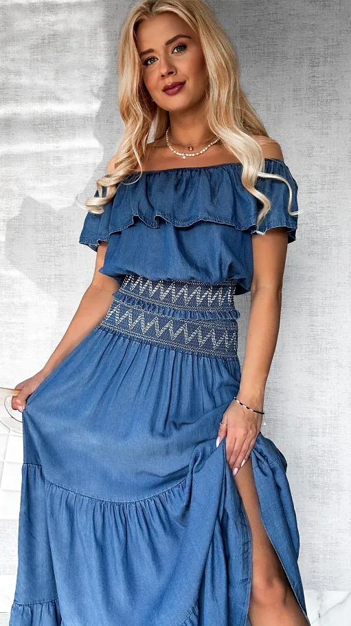 Miękki jeansowy komplet bluzka hiszpanka + spódnica ONE SIZE - P606