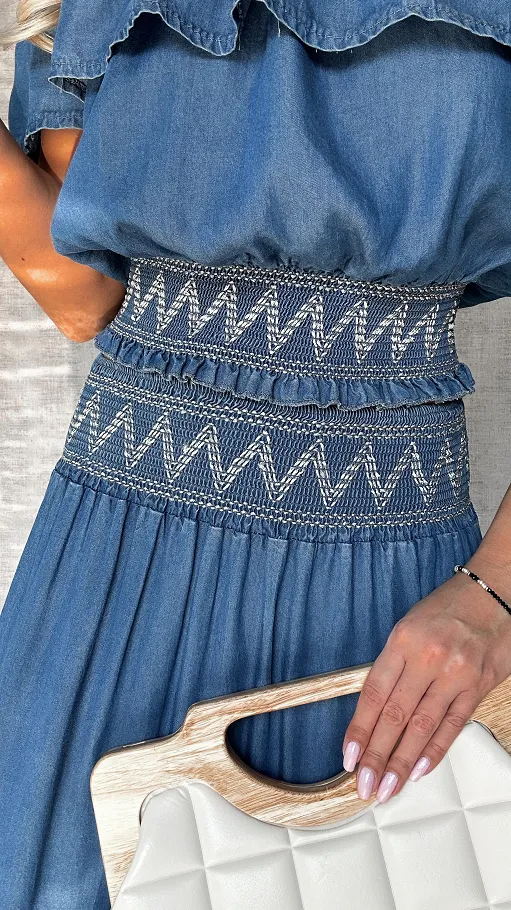 Miękki jeansowy komplet bluzka hiszpanka + spódnica ONE SIZE - P606