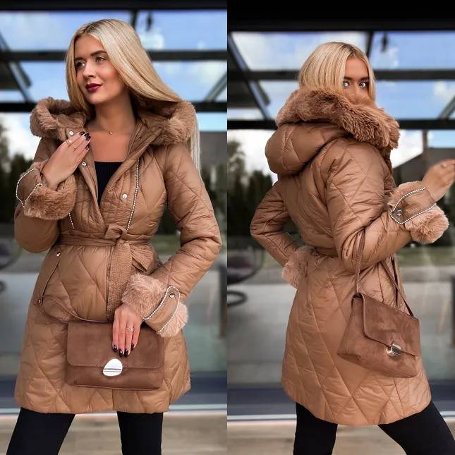 Pikowany zimowy płaszcz kurtka w kolorze karmelowym - R203A