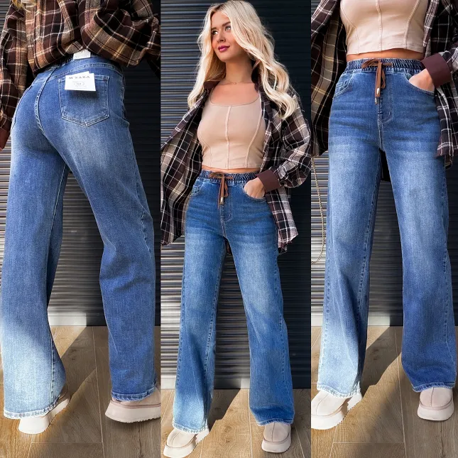 Elastyczne spodnie jeansowe WIDE LEG FIT z gumą w pasie - R234