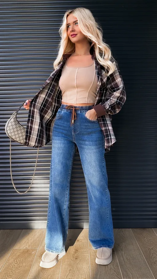 Elastyczne spodnie jeansowe WIDE LEG FIT z gumą w pasie - R234
