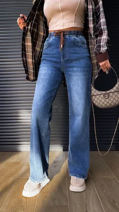 Elastyczne spodnie jeansowe WIDE LEG FIT z gumą w pasie - R234