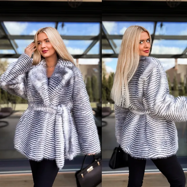 Efektowne futro OMBRE w czarne paski z wiązaniem - R124