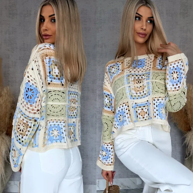 Wiosenny ażurowy sweterek w szydełkowym stylu SELEDYNOWY z niebieskim - R690D