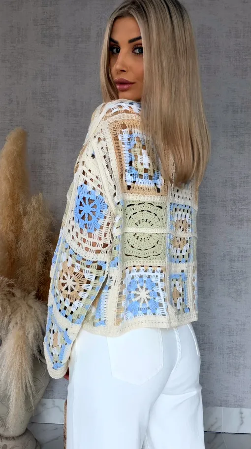 Wiosenny ażurowy sweterek w szydełkowym stylu SELEDYNOWY z niebieskim - R690D