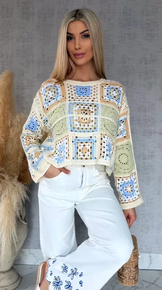 Wiosenny ażurowy sweterek w szydełkowym stylu SELEDYNOWY z niebieskim - R690D