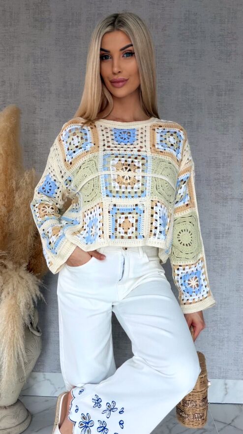 Wiosenny ażurowy sweterek w szydełkowym stylu SELEDYNOWY z niebieskim - R690D