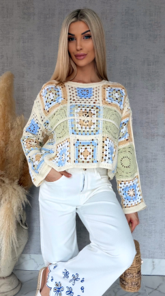 Wiosenny ażurowy sweterek w szydełkowym stylu SELEDYNOWY z niebieskim - R690D