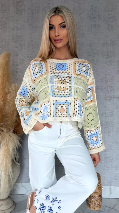 Wiosenny ażurowy sweterek w szydełkowym stylu SELEDYNOWY z niebieskim - R690D