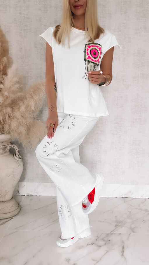 Biała bawełniana bluzka T-SHIRT z kieszonką boho ONE SIZE - R807