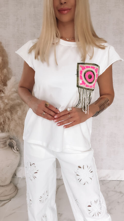 Biała bawełniana bluzka T-SHIRT z kieszonką boho ONE SIZE - R807