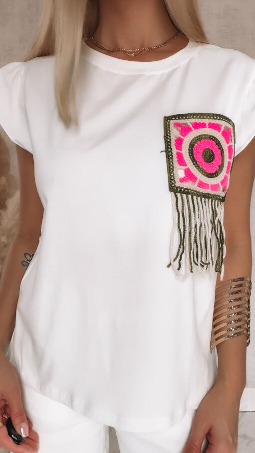 Biała bawełniana bluzka T-SHIRT z kieszonką boho ONE SIZE - R807