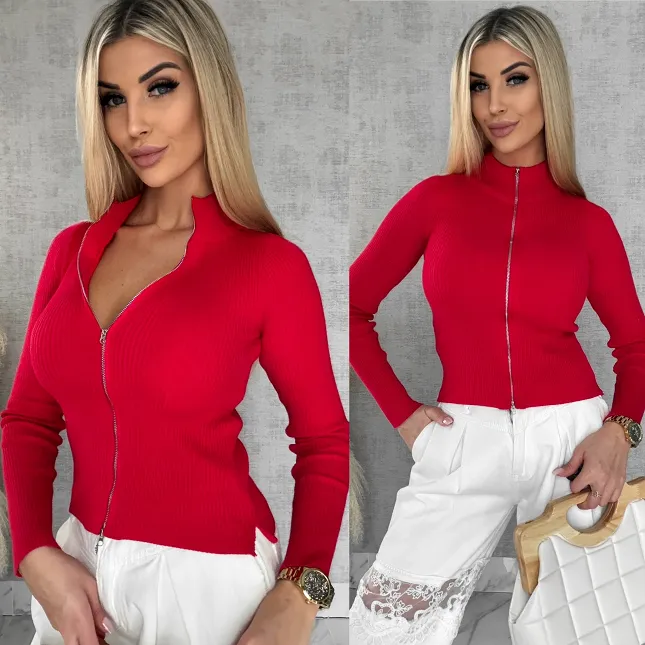 Czerwona dzianinowa bluza na zamek z golfem ONE SIZE wiskoza - R504A