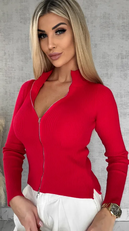 Czerwona dzianinowa bluza na zamek z golfem ONE SIZE wiskoza - R504A