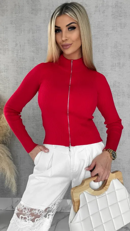 Czerwona dzianinowa bluza na zamek z golfem ONE SIZE wiskoza - R504A