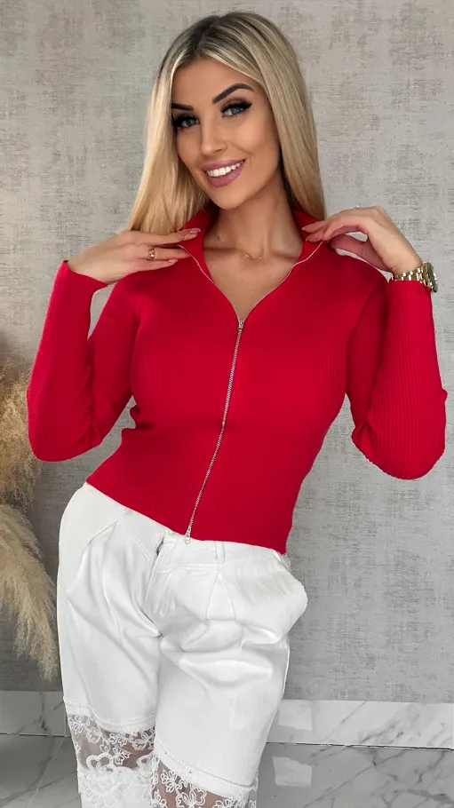 Czerwona dzianinowa bluza na zamek z golfem ONE SIZE wiskoza - R504A
