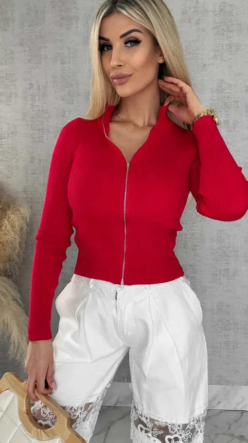 Czerwona dzianinowa bluza na zamek z golfem ONE SIZE wiskoza - R504A