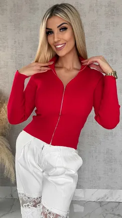 Czerwona dzianinowa bluza na zamek z golfem ONE SIZE wiskoza - R504A