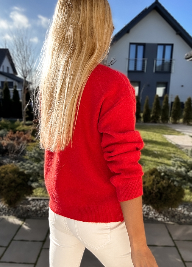 Czerwony sweter HEARTS w białe serduszka - M707