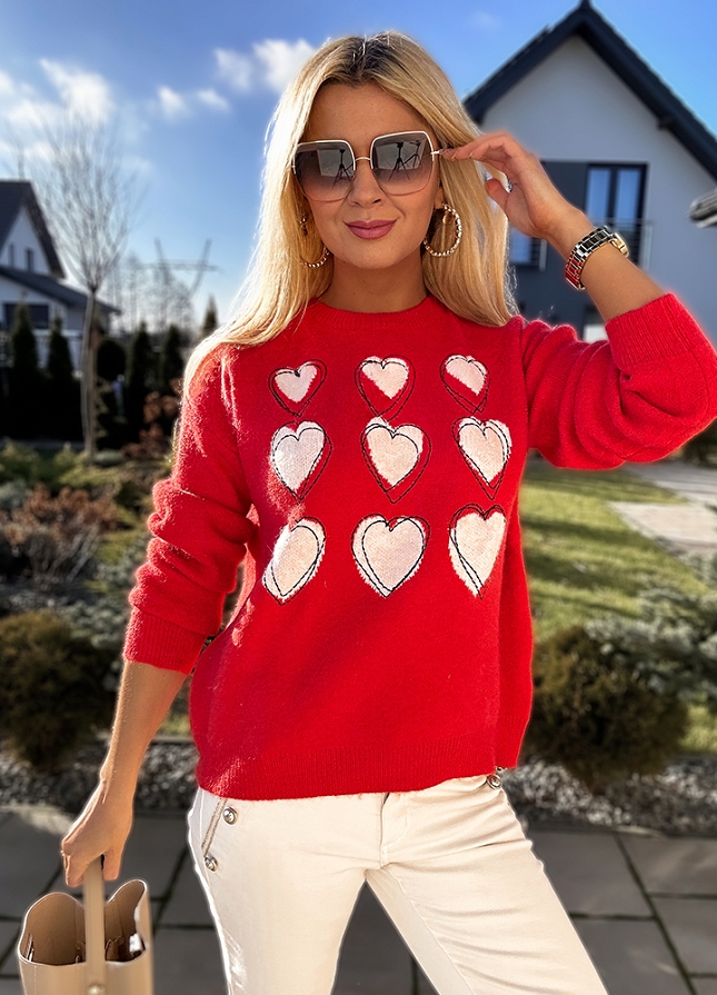 Czerwony sweter HEARTS w białe serduszka - M707