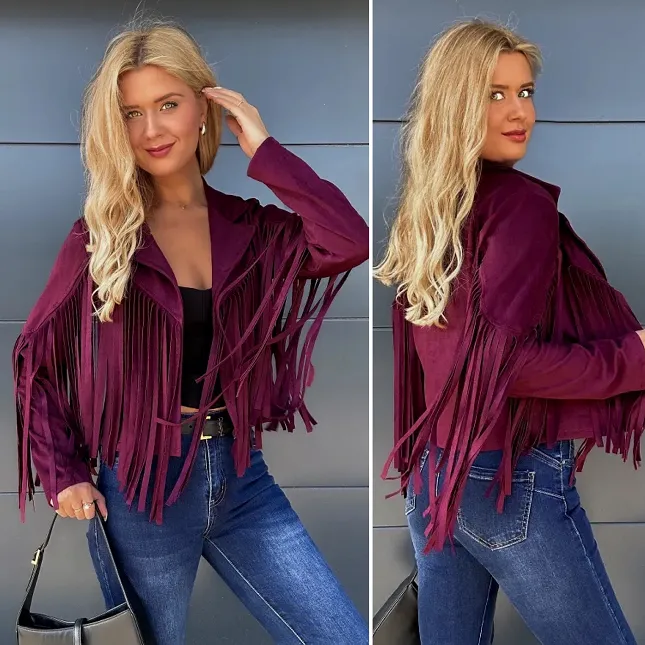 Zamszowa kurtka przejściowa z frędzlami ONE SIZE bordo - P983