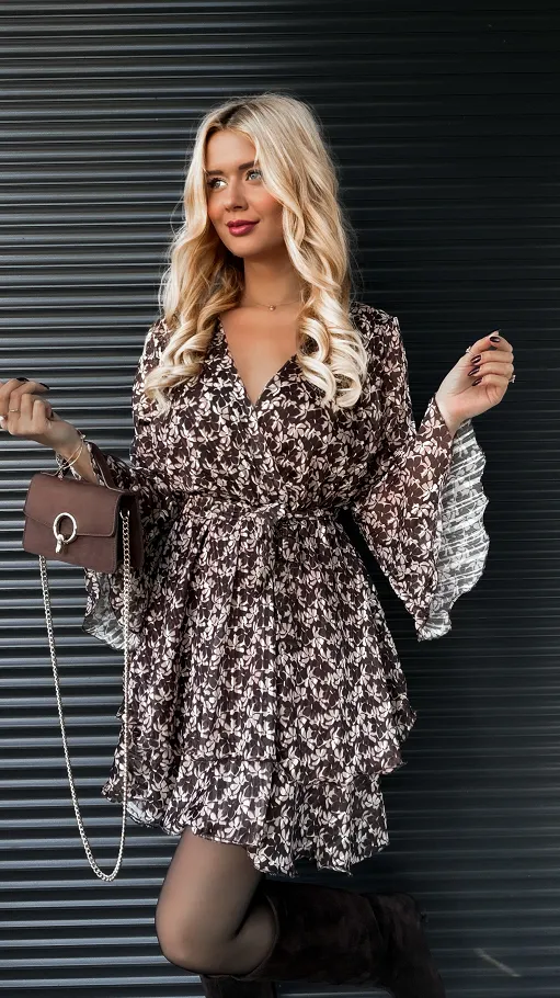 Sukienka w brązowe mini kwiaty ONE SIZE - R181
