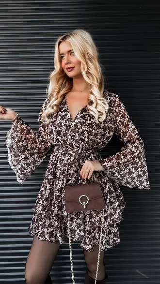 Sukienka w brązowe mini kwiaty ONE SIZE - R181