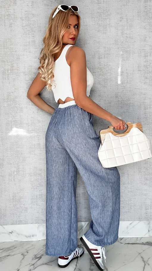 Wygodne SZARO-NIEBIESKIE spodnie z modnym białym pasem - P617B