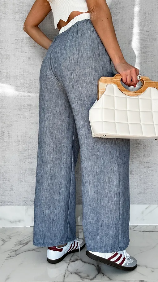 Wygodne SZARO-NIEBIESKIE spodnie z modnym białym pasem - P617B