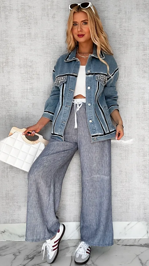 Wygodne SZARO-NIEBIESKIE spodnie z modnym białym pasem - P617B